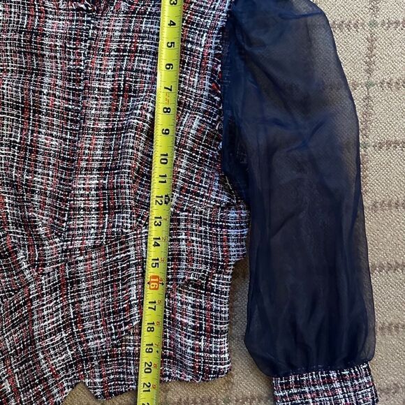 Zara Blue and Red Tweed Organza Top w Blue sheer Puff Long Sleeve M - Picture 10 of 14